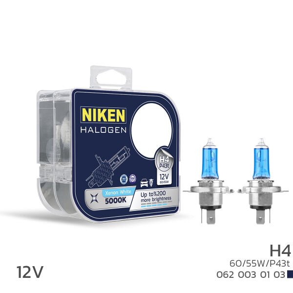 NIKEN 12V H4 60/55W 5000K Beyaz Işık Halojen Ampul P43t Modern ve Net Far Aydınlatması
