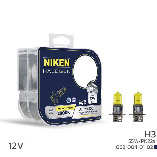 NIKEN 12V H3 55W 2800K Sarı Işık Halojen Ampul PK22s Sis ve Kötü Hava Aydınlatması