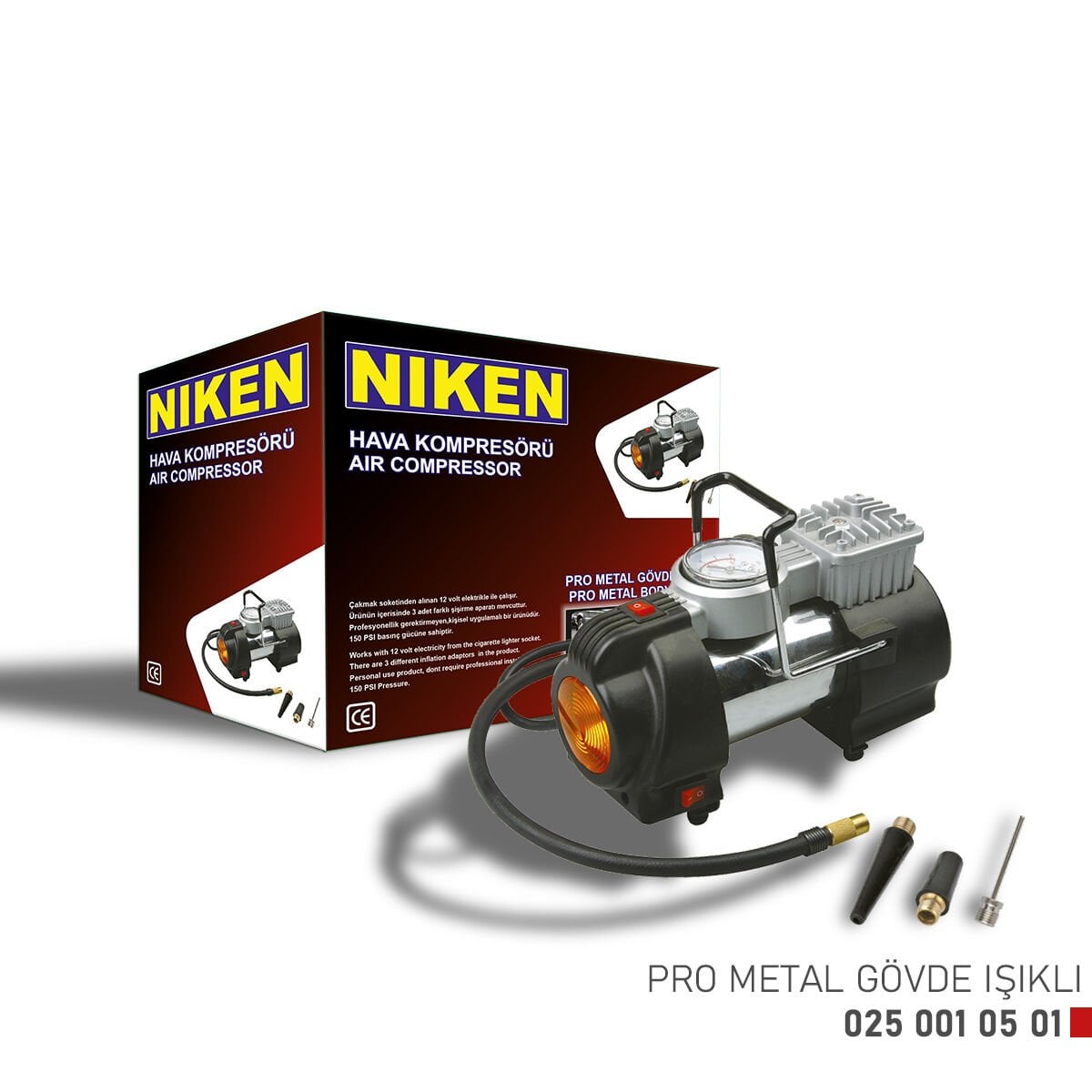 NIKEN Metal Gövdeli Işıklı Hava Kompresörü | Araç Lastik Şişirme Pompası