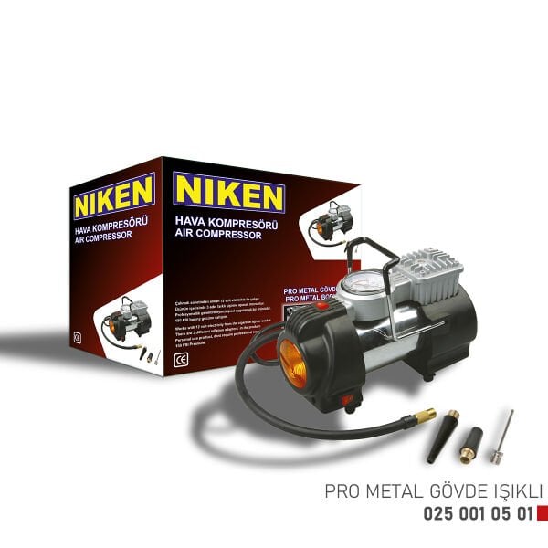 NIKEN Metal Gövdeli Işıklı Hava Kompresörü | Araç Lastik Şişirme Pompası