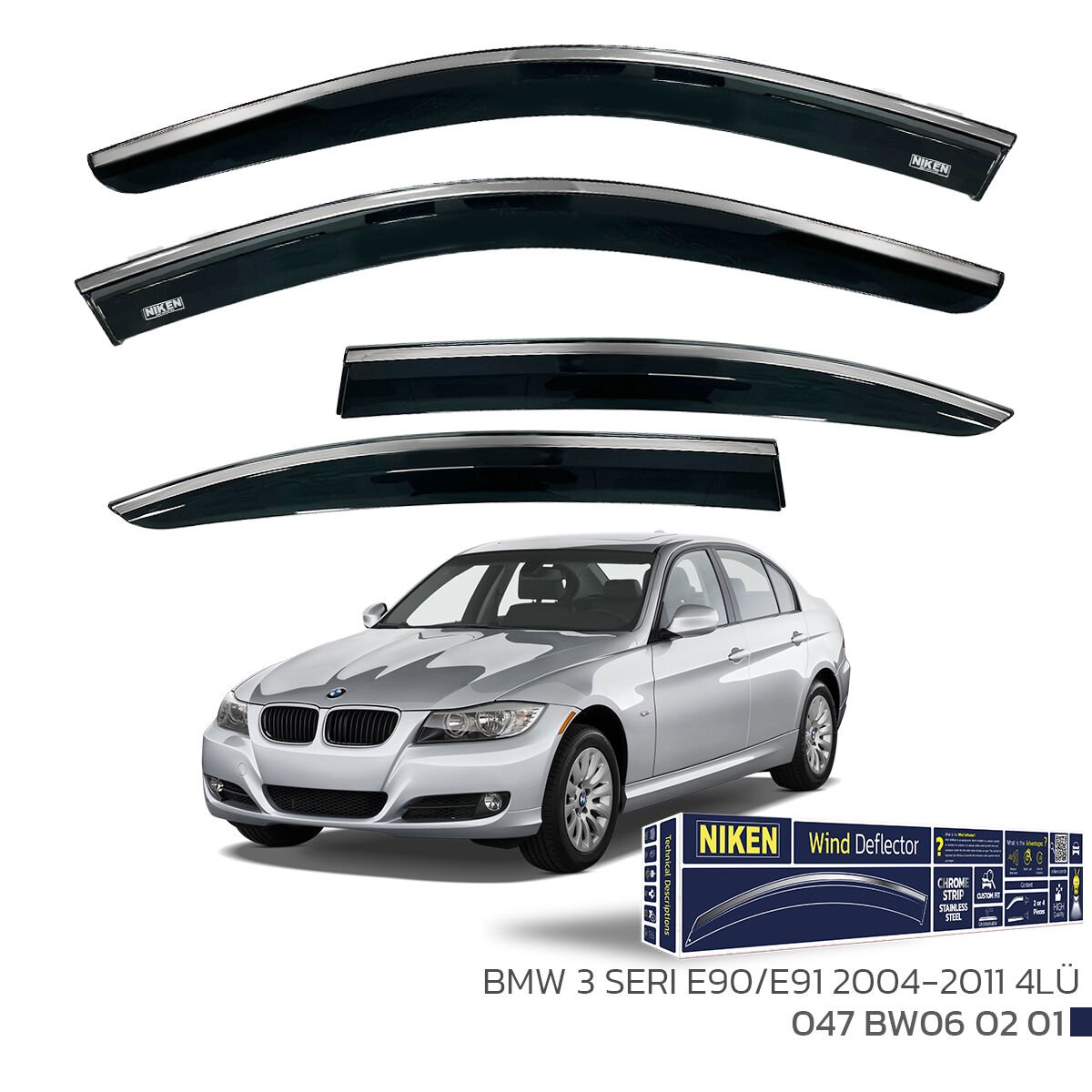BMW 3 Series E90/E91 2004-2011 Kromlu Cam Rüzgarlığı 4’lü Set | Yan Cam Rüzgar Kesici Deflektör