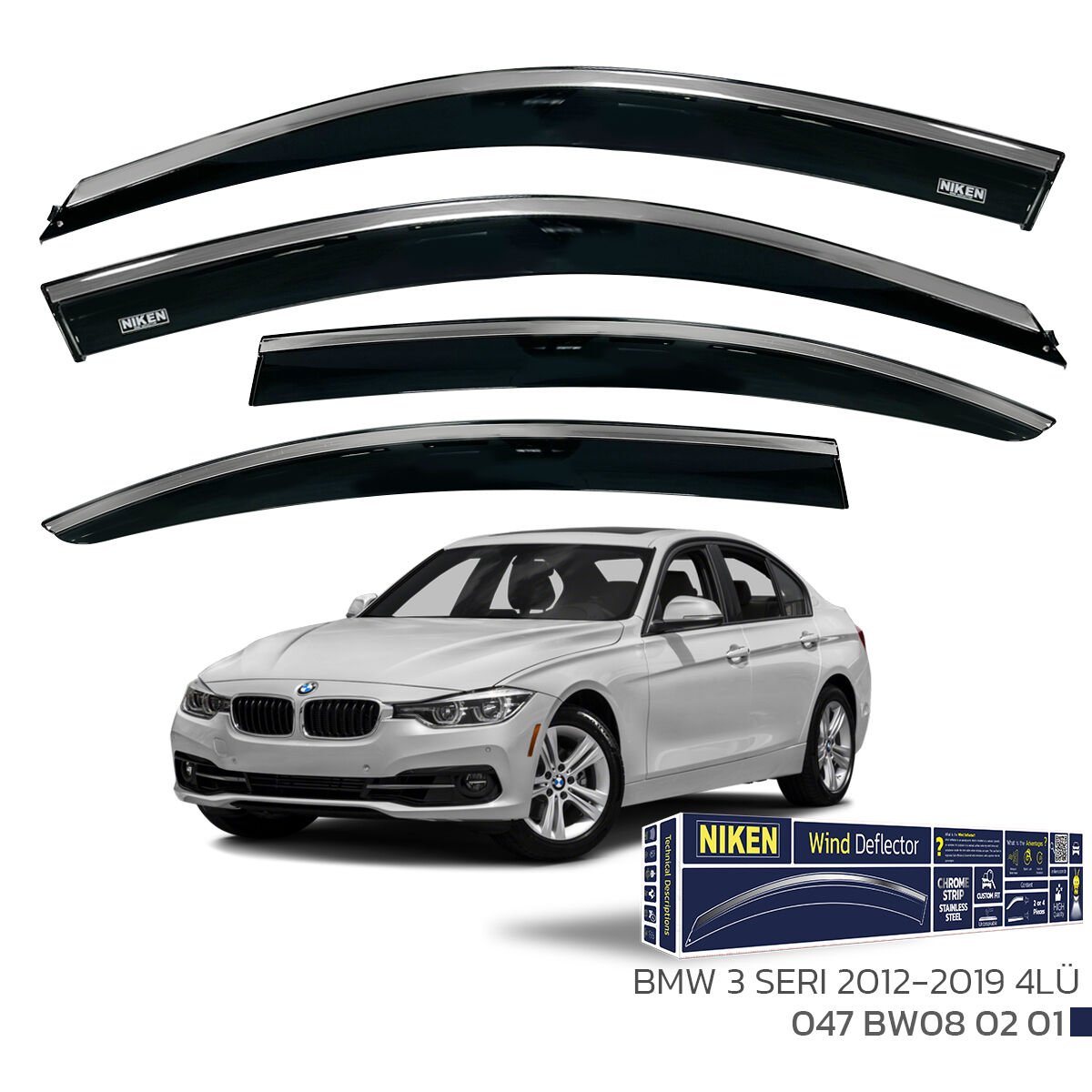 BMW 3 Series F30/F31 2012-2019 Kromlu Cam Rüzgarlığı 4’lü Set | Yan Cam Rüzgar Kesici Deflektör