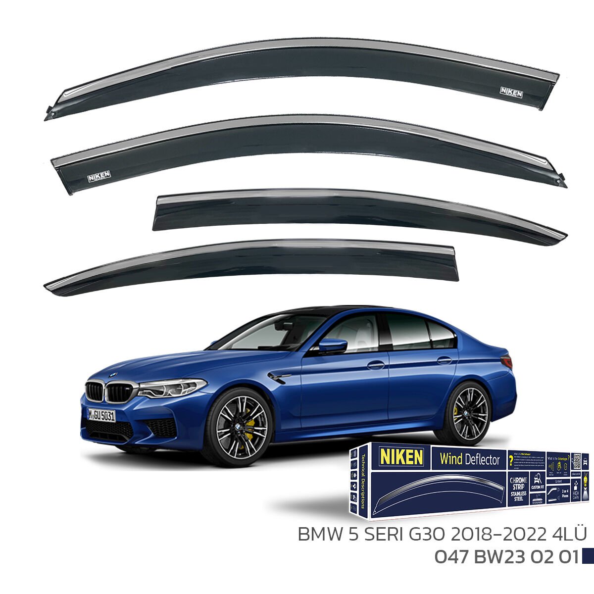BMW 5 Series G30 2018-2022 Kromlu Cam Rüzgarlığı 4’lü Set | Yan Cam Rüzgar Kesici Deflektör