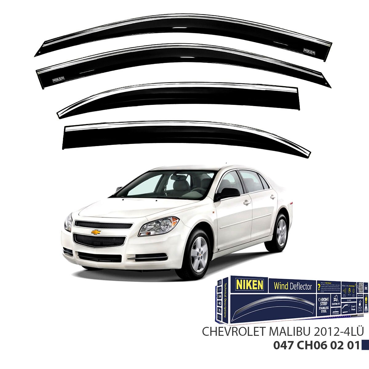 Chevrolet Malibu 2012- Kromlu Cam Rüzgarlığı 4’lü Set | Yan Cam Rüzgar Kesici Deflektör