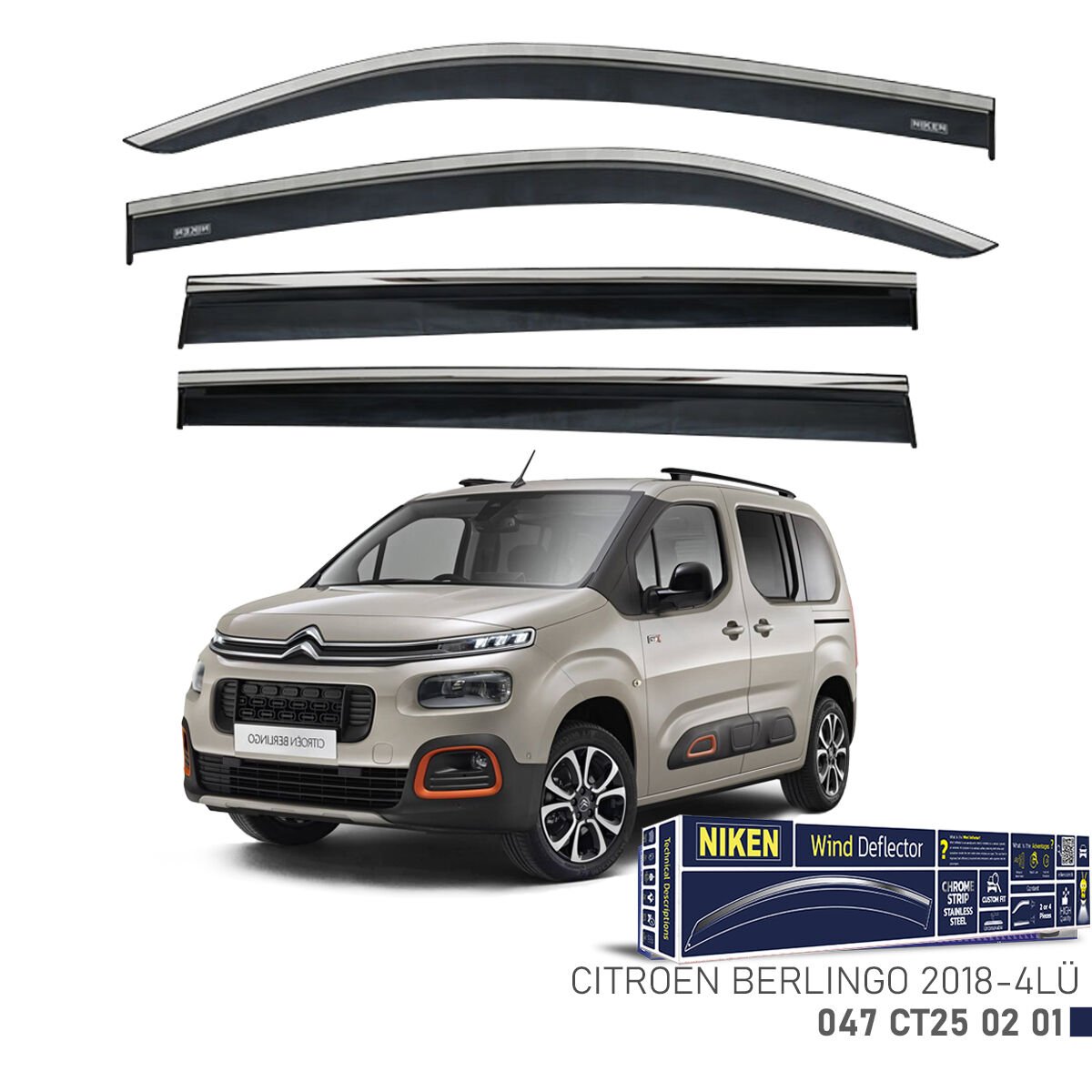 Citroën Berlingo 2018- Kromlu Cam Rüzgarlığı 4’lü Set | Yan Cam Rüzgar Kesici Deflektör