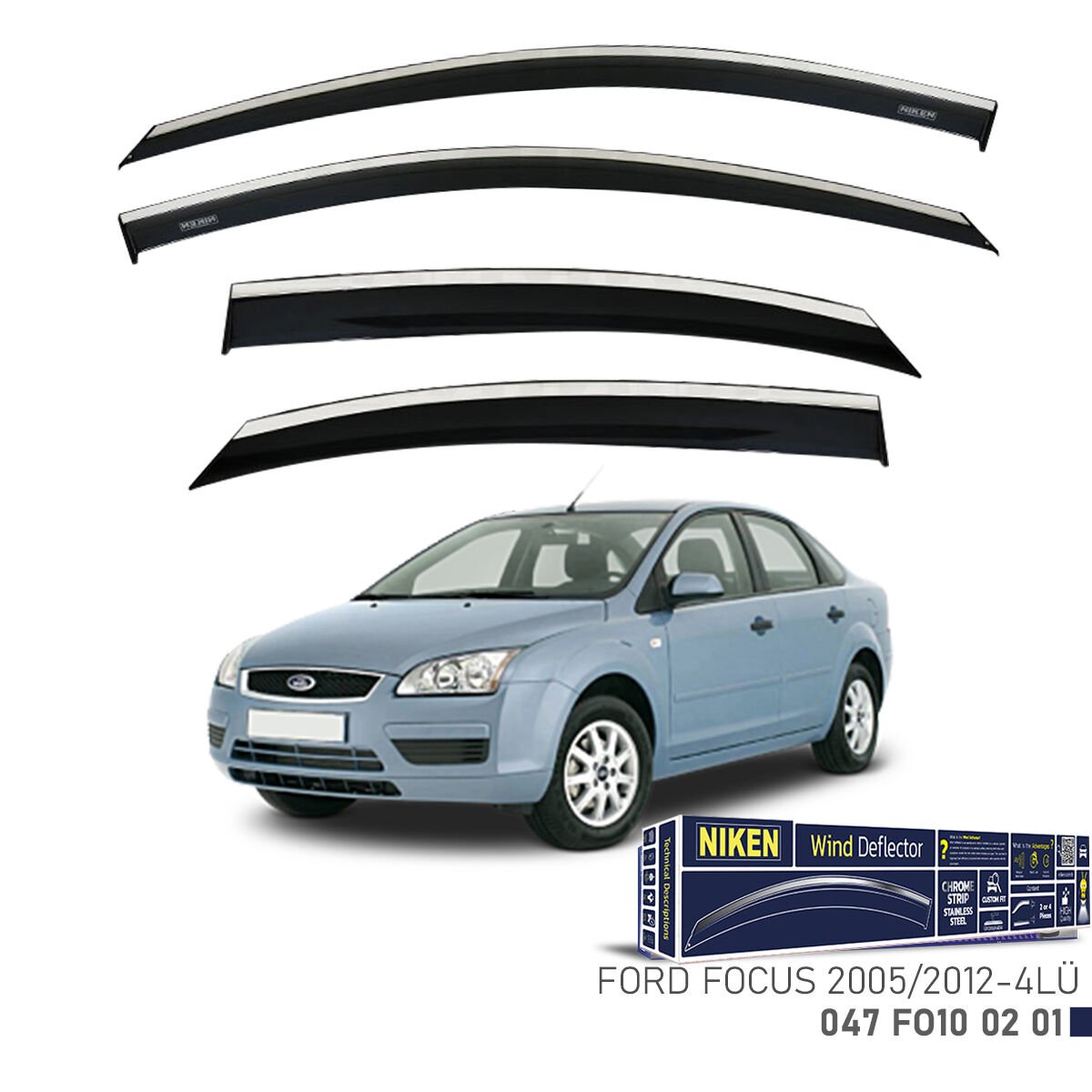 Ford Focus 2005-2012 Kromlu Cam Rüzgarlığı 4’lü Set | Yan Cam Rüzgar Kesici Deflektör