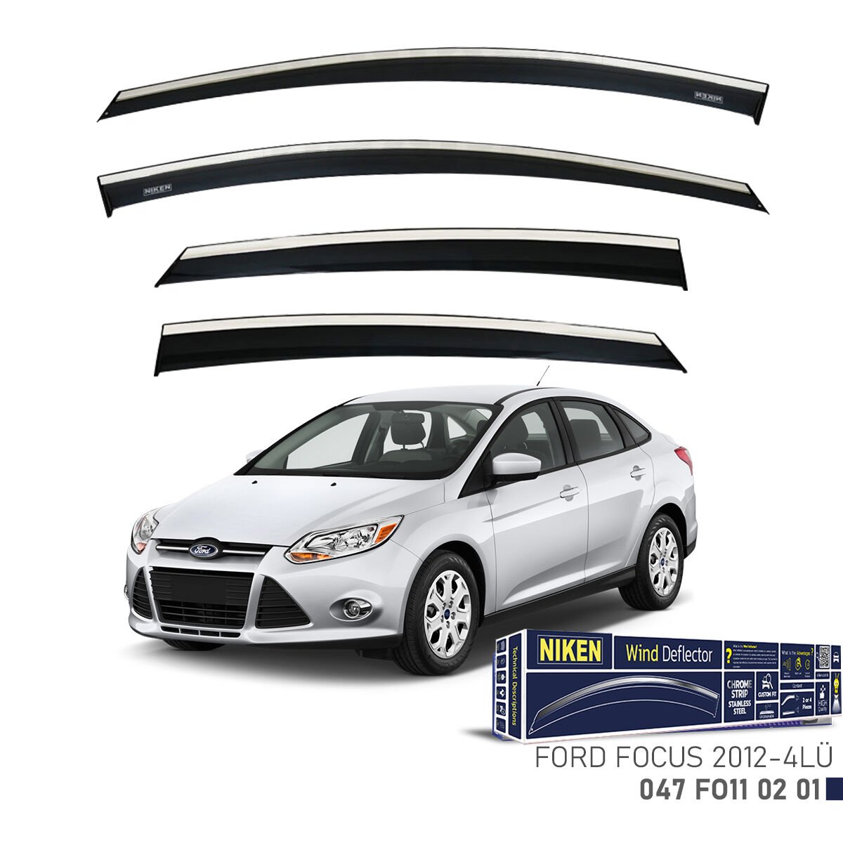 Ford Focus 2012- Kromlu Cam Rüzgarlığı 4’lü Set | Yan Cam Rüzgar Kesici Deflektör