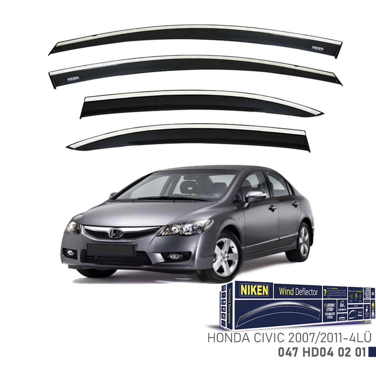 Honda Civic 2007-2011 Kromlu Cam Rüzgarlığı 4’lü Set | Yan Cam Rüzgar Kesici Deflektör