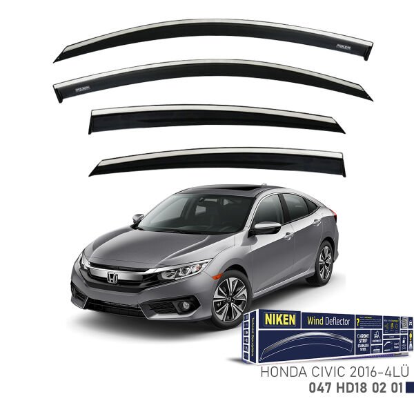 Honda Civic 2016- Kromlu Cam Rüzgarlığı 4’lü Set | Yan Cam Rüzgar Kesici Deflektör
