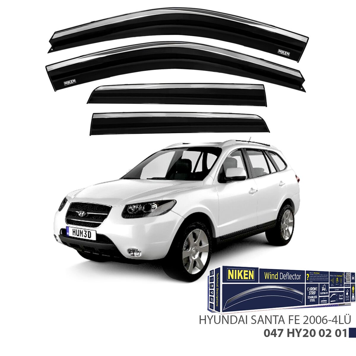 Hyundai Santa Fe 2006- Kromlu Cam Rüzgarlığı 4’lü Set | Yan Cam Rüzgar Kesici Deflektör