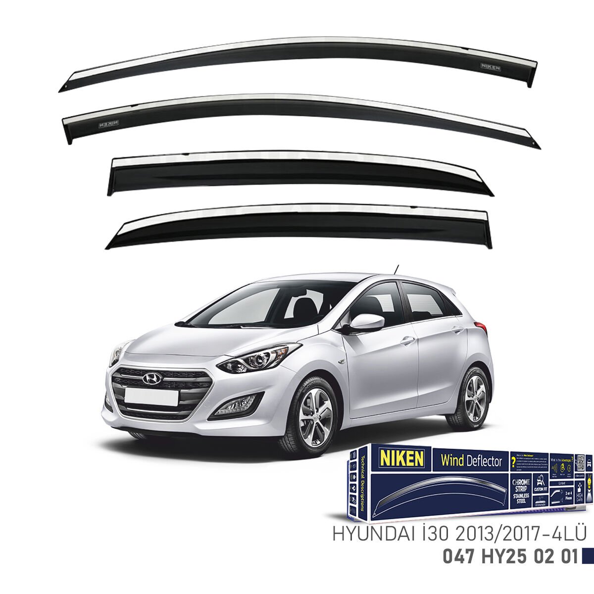 Hyundai i30 2013-2017 Kromlu Cam Rüzgarlığı 4’lü Set | Yan Cam Rüzgar Kesici Deflektör
