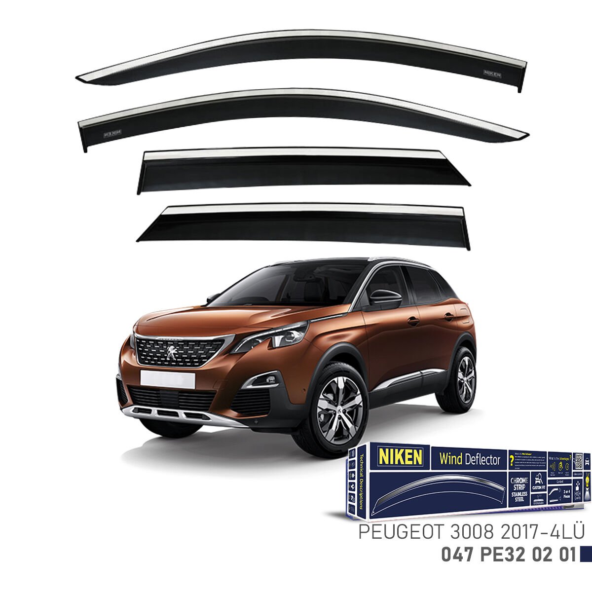 Peugeot 3008 2017- Kromlu Cam Rüzgarlığı 4’lü Set | Yan Cam Rüzgar Kesici Deflektör