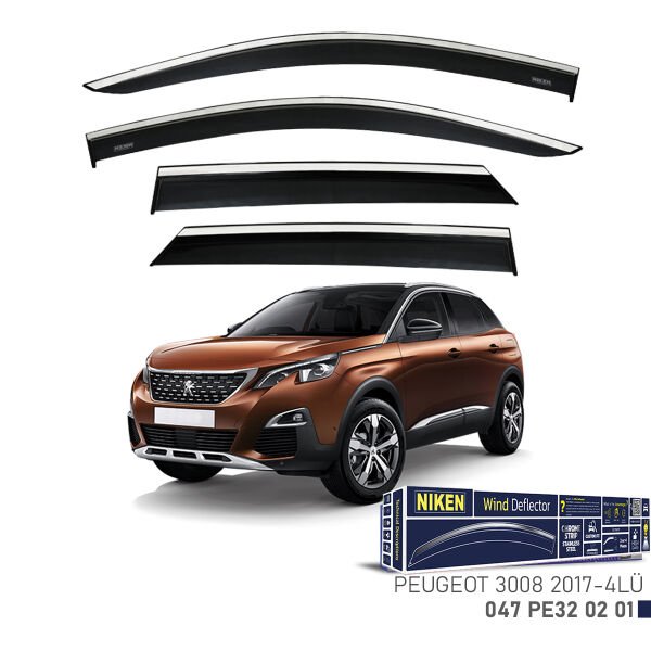 Peugeot 3008 2017- Kromlu Cam Rüzgarlığı 4’lü Set | Yan Cam Rüzgar Kesici Deflektör