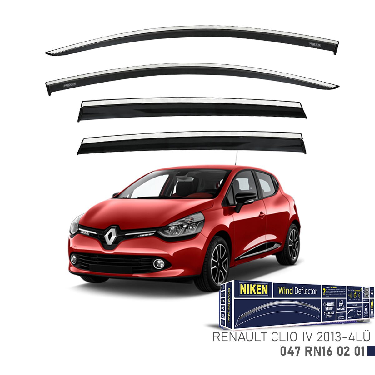 Renault Clio IV 2013- Kromlu Cam Rüzgarlığı 4’lü Set | Yan Cam Rüzgar Kesici Deflektör