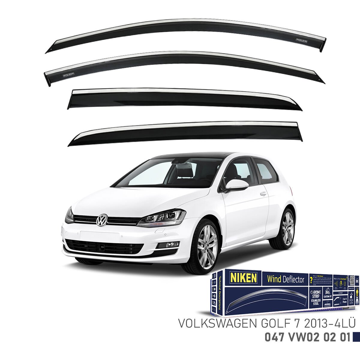 Volkswagen Golf 7 2013- Kromlu Cam Rüzgarlığı 4’lü Set | Yan Cam Rüzgar Kesici Deflektör