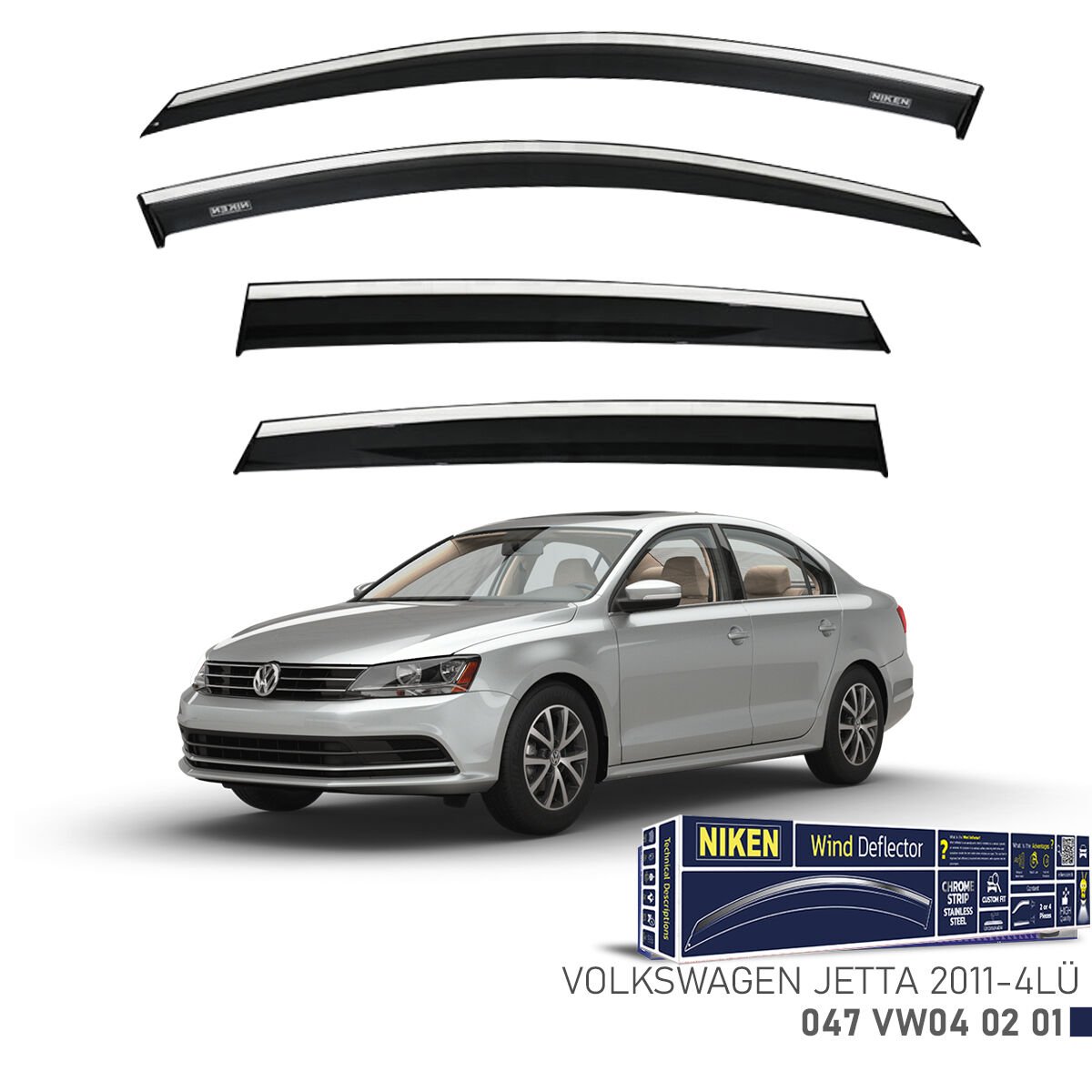 Volkswagen Jetta 2011- Kromlu Cam Rüzgarlığı 4’lü Set | Yan Cam Rüzgar Kesici Deflektör