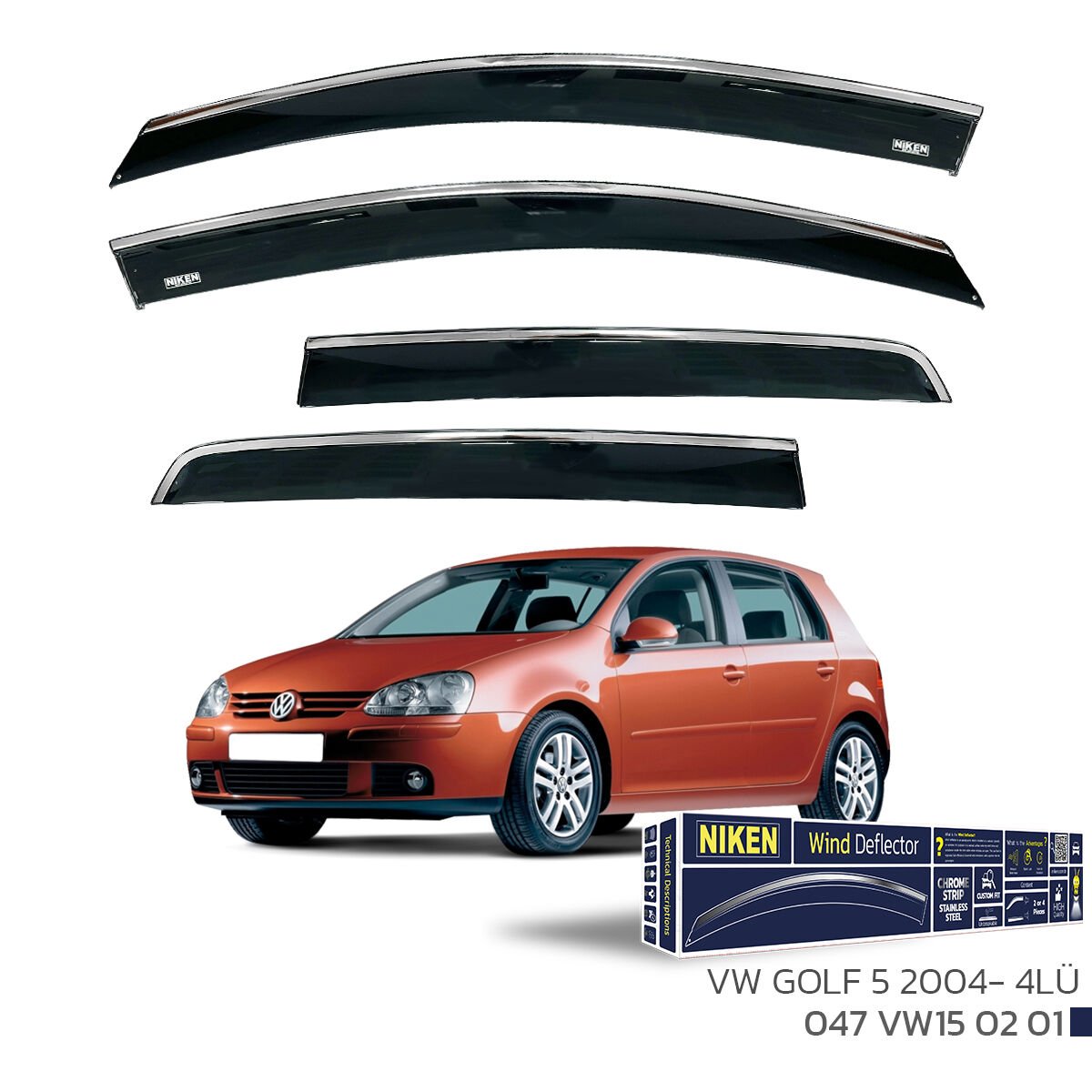 Volkswagen Golf 5 2004- Kromlu Cam Rüzgarlığı 4’lü Set | Yan Cam Rüzgar Kesici Deflektör