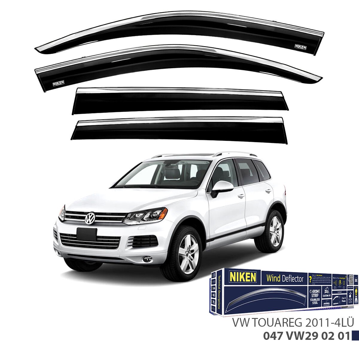 Volkswagen Touareg 2011- Kromlu Cam Rüzgarlığı 4’lü Set | Yan Cam Rüzgar Kesici Deflektör