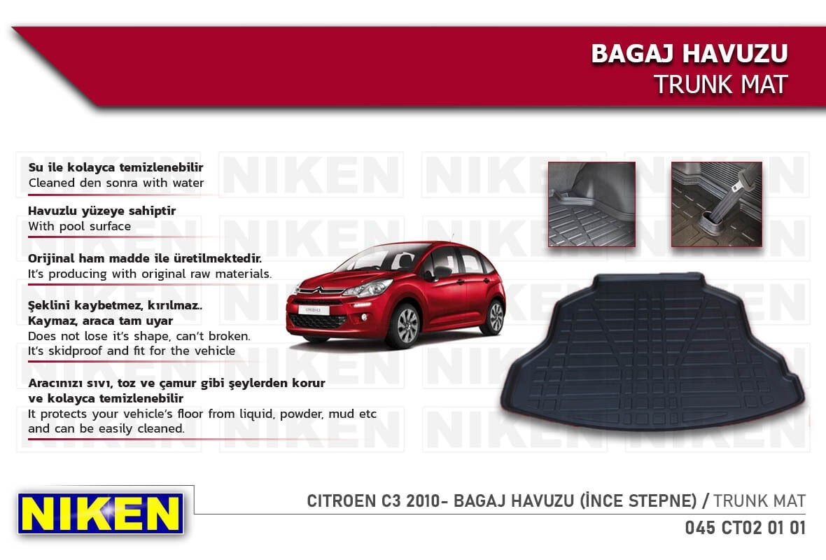 Citroën C3 2010- Bagaj Havuzu – İnce Stepne Uyumlu, Araca Özel Koruma