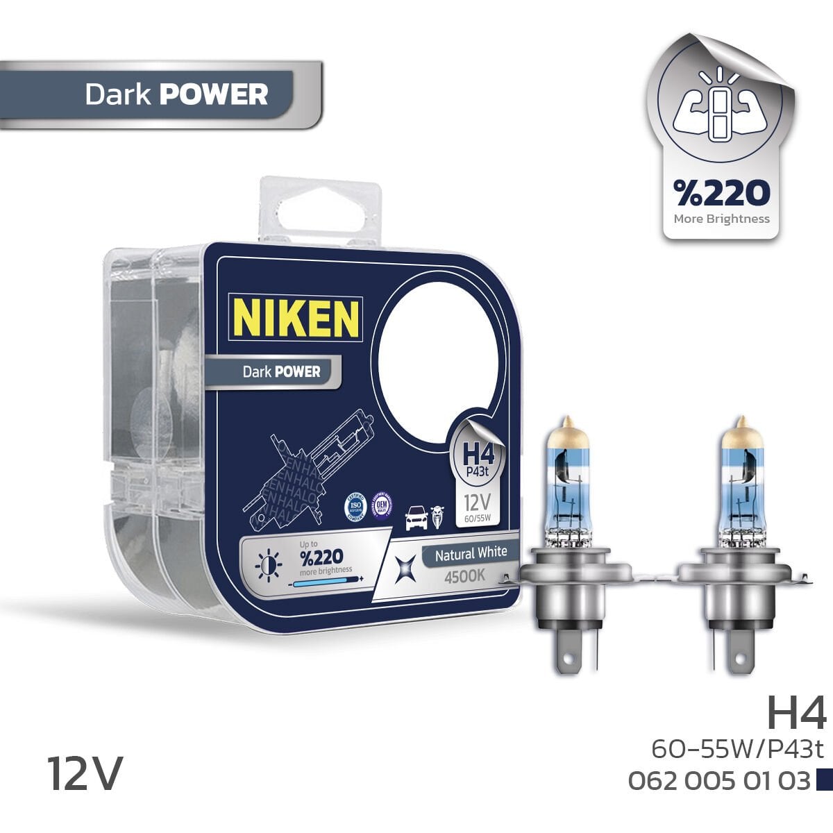 Niken 12V H4 60/55W Dark Power P43t 4500K Halojen Far Ampulü