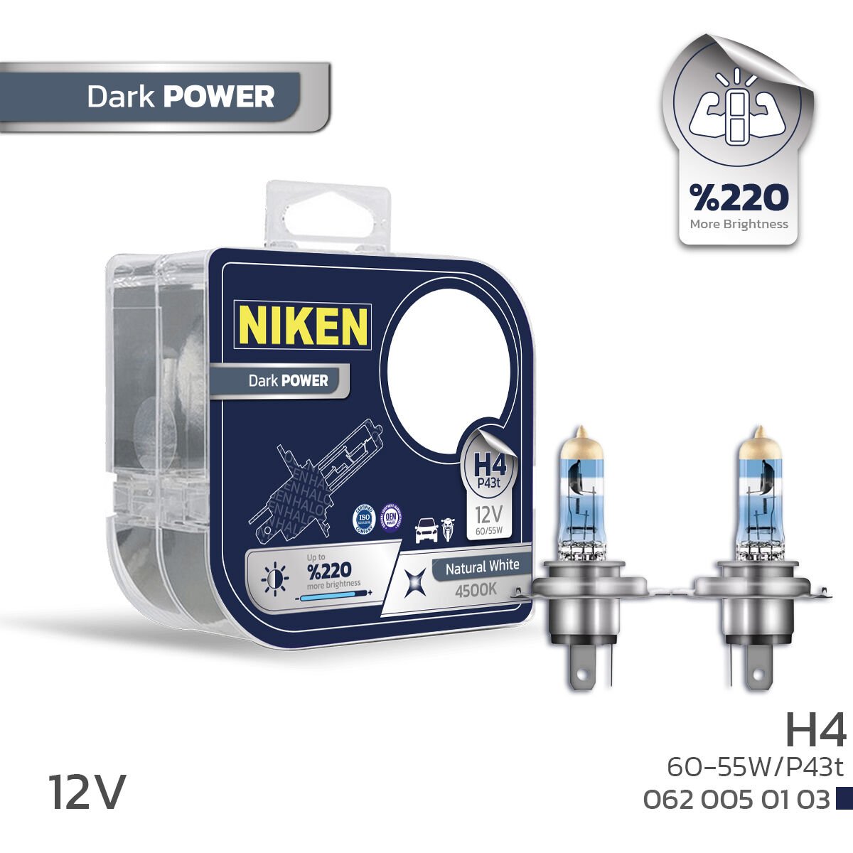 Niken 12V H4 60/55W Dark Power P43t 4500K Halojen Far Ampulü