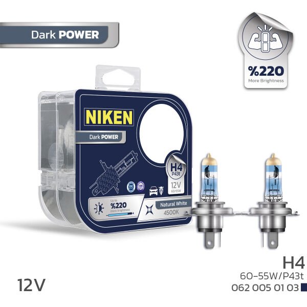 Niken 12V H4 60/55W Dark Power P43t 4500K Halojen Far Ampulü