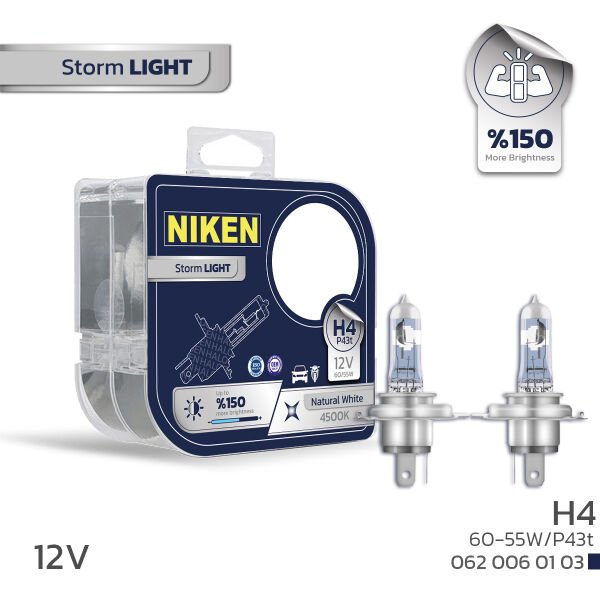 Niken 12V H4 60/55W Storm Light P43t 4500K Halojen Far Ampulü