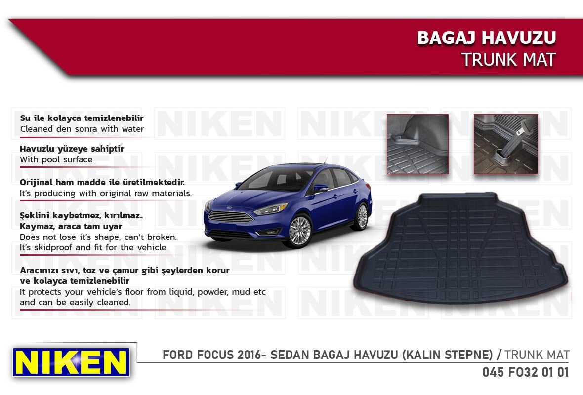 Ford Focus 2016- Sedan Bagaj Havuzu (Kalın Stepne) – Araca Özel Dayanıklı Koruma
