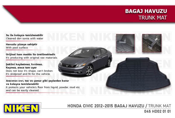 HONDA CIVIC 2012-2015 BAGAJ HAVUZU | Araca Özel, Kaymaz ve Dayanıklı Koruma