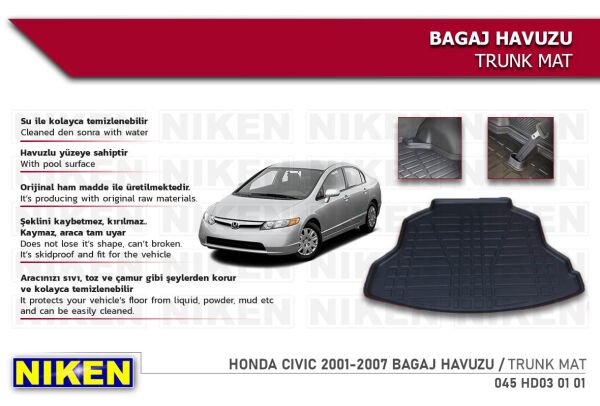 HONDA CIVIC 2001-2007 BAGAJ HAVUZU | Araca Özel, Kaymaz ve Dayanıklı Koruma