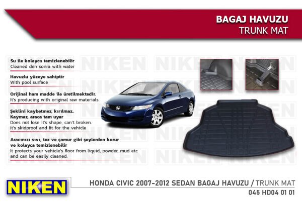 HONDA CIVIC 2007-2012 SEDAN BAGAJ HAVUZU | Araca Özel, Kaymaz ve Dayanıklı Koruma