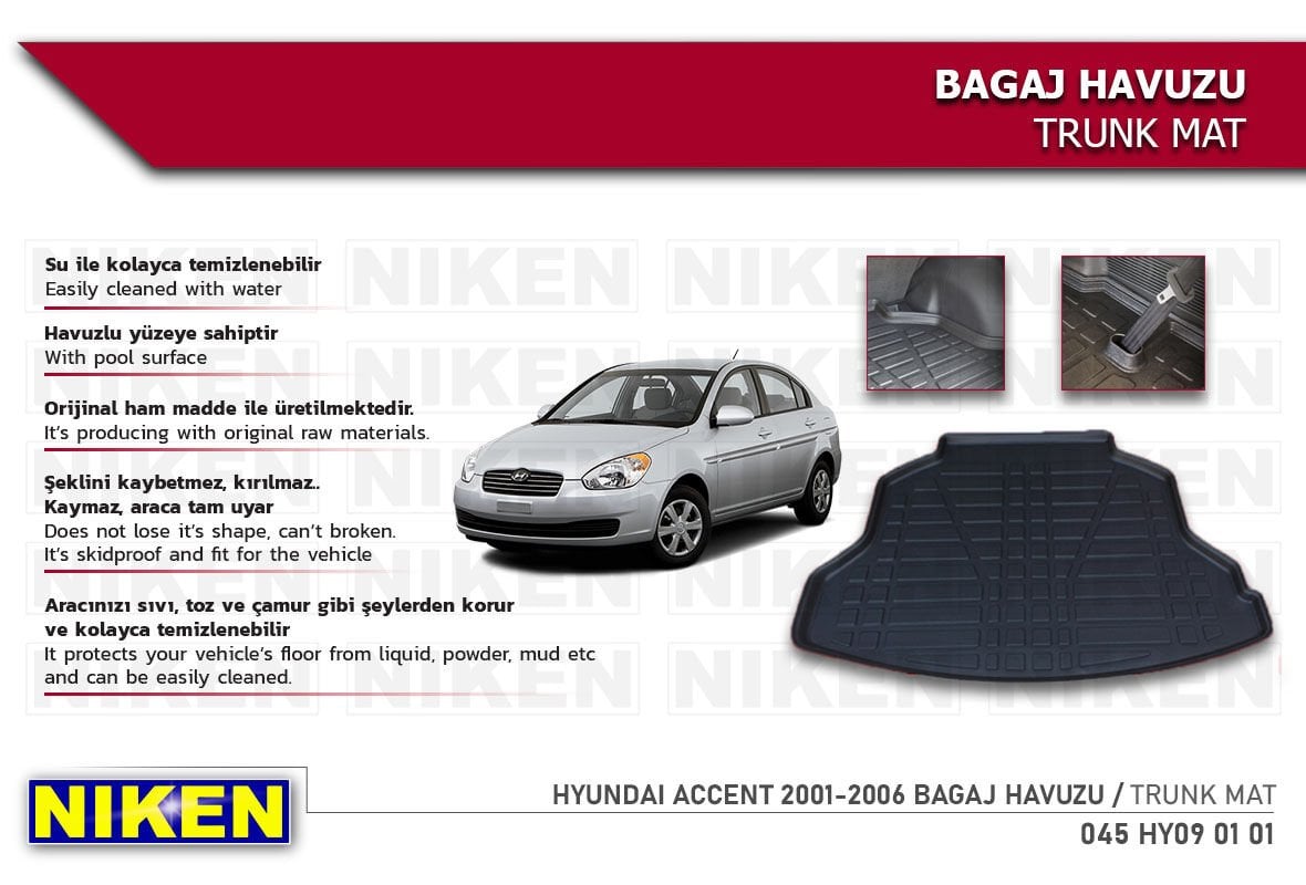 HYUNDAI ACCENT 2001-2006 BAGAJ HAVUZU | Araca Özel, Kaymaz ve Dayanıklı Koruma
