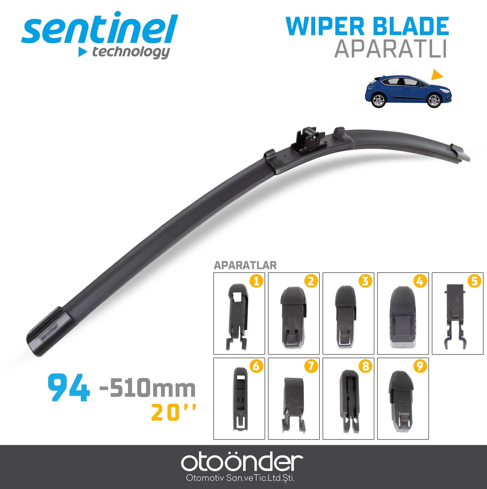 Sentinal 510 mm (20”) 9 Aparatlı Universal Muz Tipi Ön Cam Silecek Süpürgesi