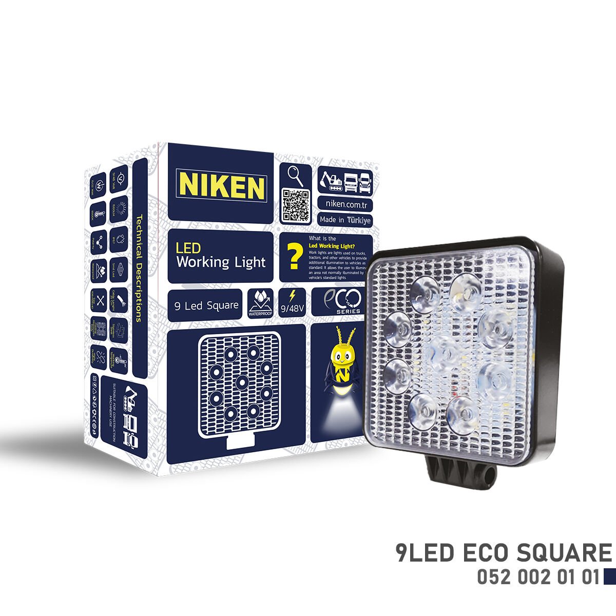 Eco 9 LED Kare Çalışma Lambası Beyaz Işık Ekonomik Off Road İş Makinesi Lambası