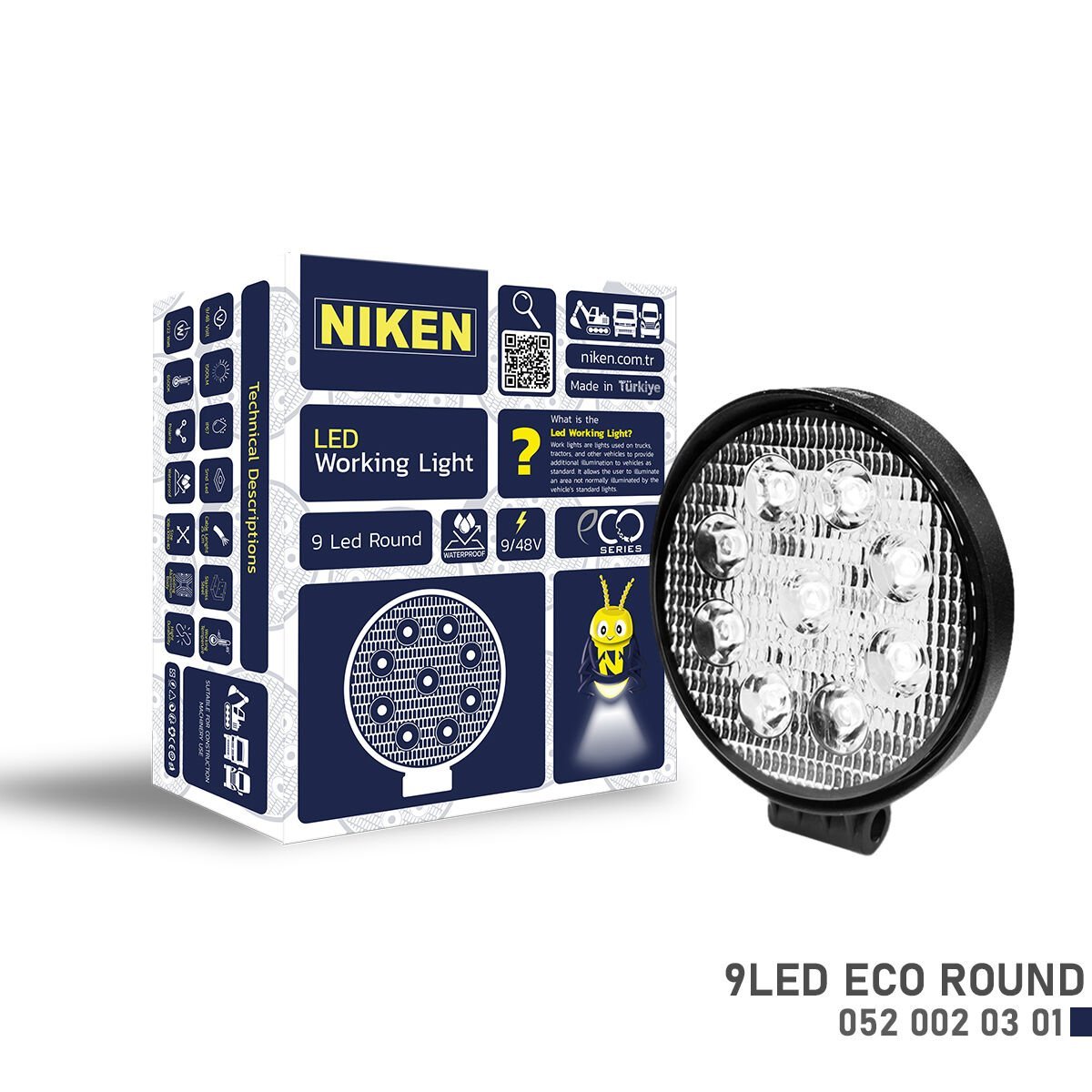 Eco 9 LED Yuvarlak Çalışma Lambası Beyaz Işık Ekonomik Off Road İş Makinesi Lambası